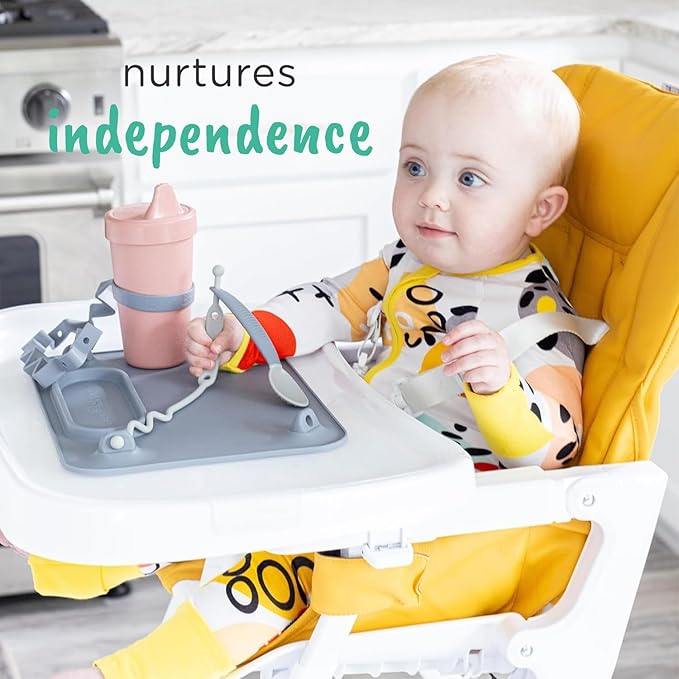 Busy Baby Bottle Bungee - Sippy Cup Strap - Keeps Bottles and Sippy Cups Off The Floor - Food Grade Silicone - Dishwasher Safe (Pink)