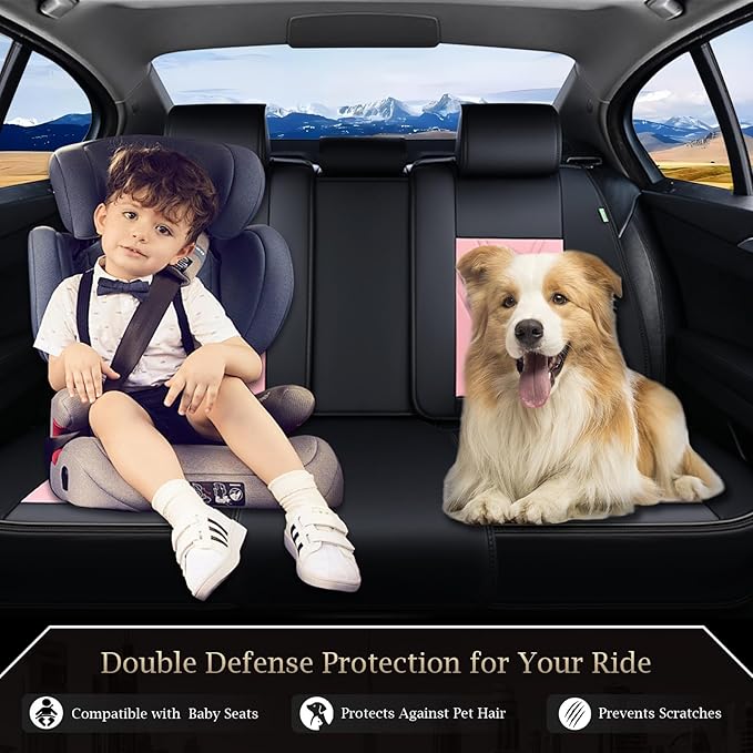 FLORICH Rear Seat Covers Leather Car Seat Covers Waterproof Back Seat Cover Automotive Seat Covers Universal Seat Cushion Protector for Most Cars Trucks SUV-Black&Pink