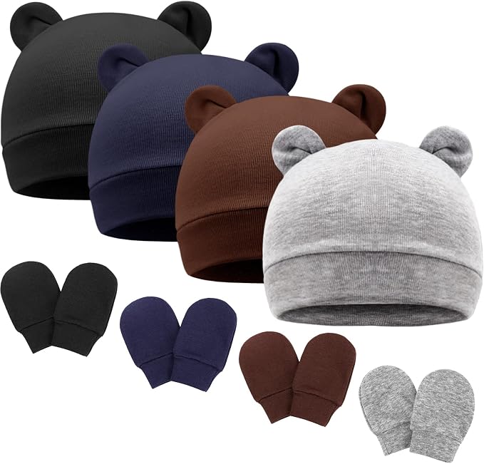 BQUBO Newborn Baby Bear Ears Hats and Mittens Sets Preemie Cotton Caps Baby Boy by DRESHOW