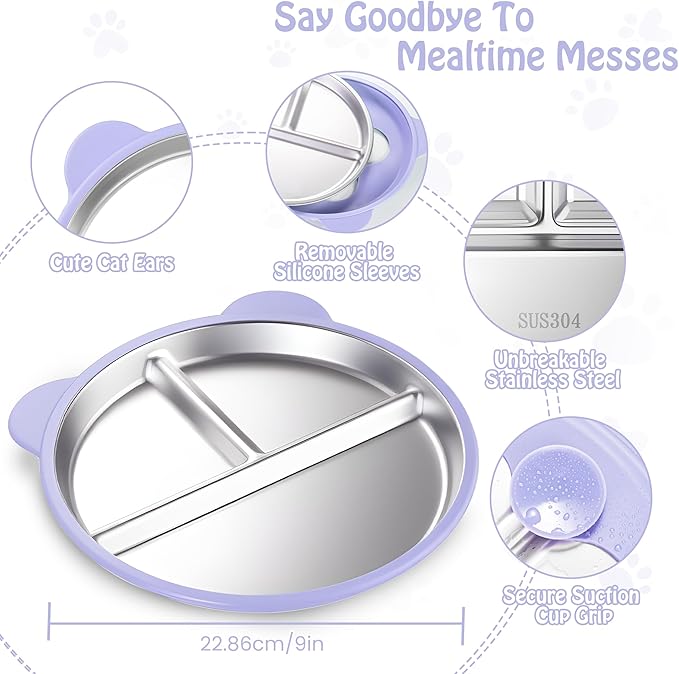 Stainless Steel Kids Plate with Suction Set of 2, 9″ Toddler Divided Plates with Removable Non Slip Silicone Sleeves, Unbreakable Baby Snack Dishes, Mess-Free Mealtime, Mint Green & Wisteria