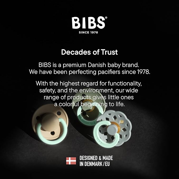 BIBS Pacifiers Colour Collection | Natural Rubber Baby Pacifier | Set of 2 BPA-Free Soothers | Made in Denmark | 18+ Months (Pack of 2) | Black Glow/Vanilla Glow