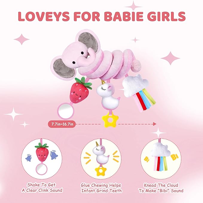 Stuffed Spiral Car Seat Toys for Baby Girls 0-6 Months, Perfect Newborn Gifts for Girls Essentials, Cute Pink Elephant Strawberry Hanging Plush Items