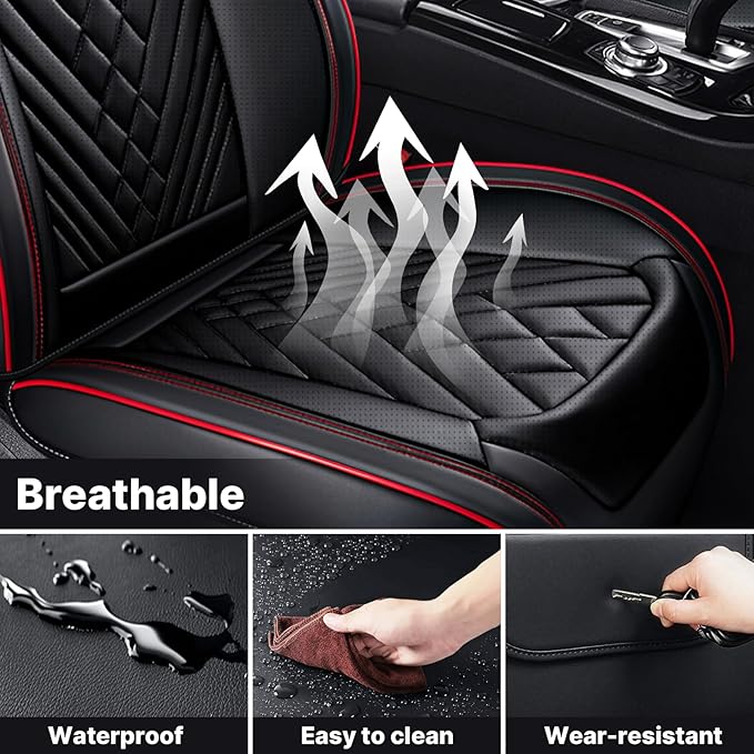 Universal Leather Seat Cover for Cars - Front and Rear Auto Protector, Wear-Resistant Cushion for 5 Seats With Headrest (Black & Red)