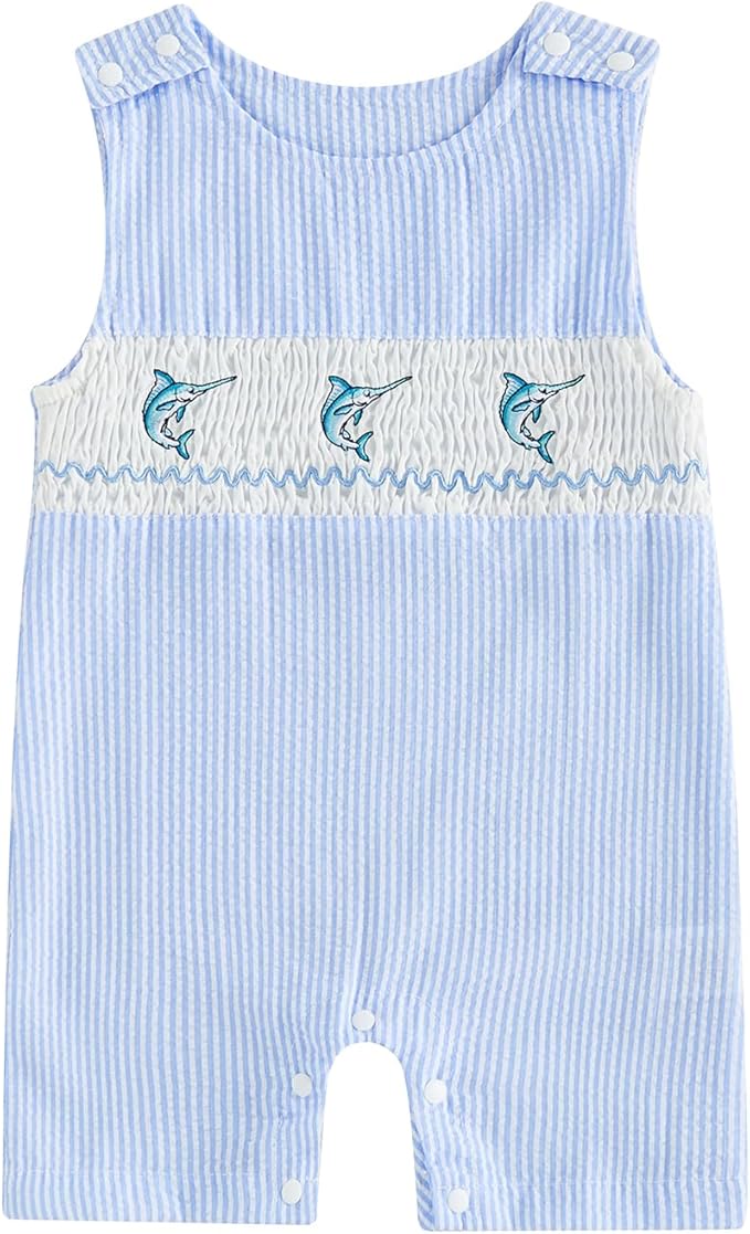 Newborn Baby Boys Sleeveless Seersucker Romper One Piece Straps Overalls by Arvbitana