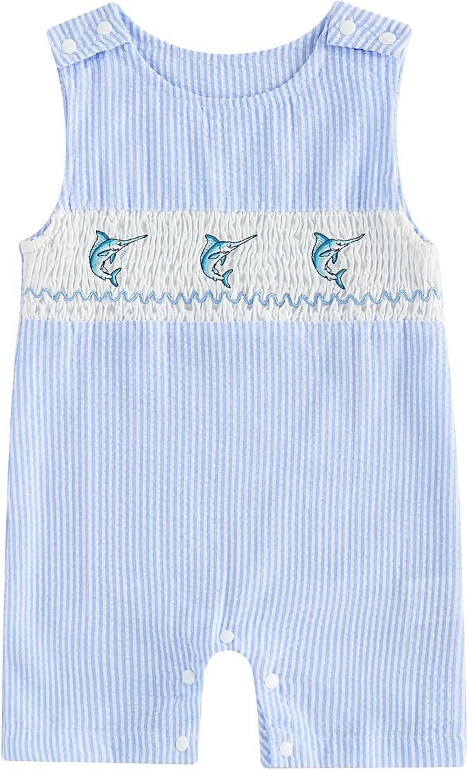 Newborn Baby Boys Sleeveless Seersucker Romper One Piece Straps Overalls by Arvbitana