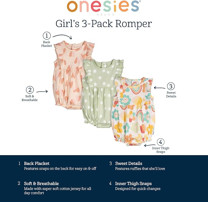 Onesies Brand Baby Girls' 3-pack Romper - Image 5