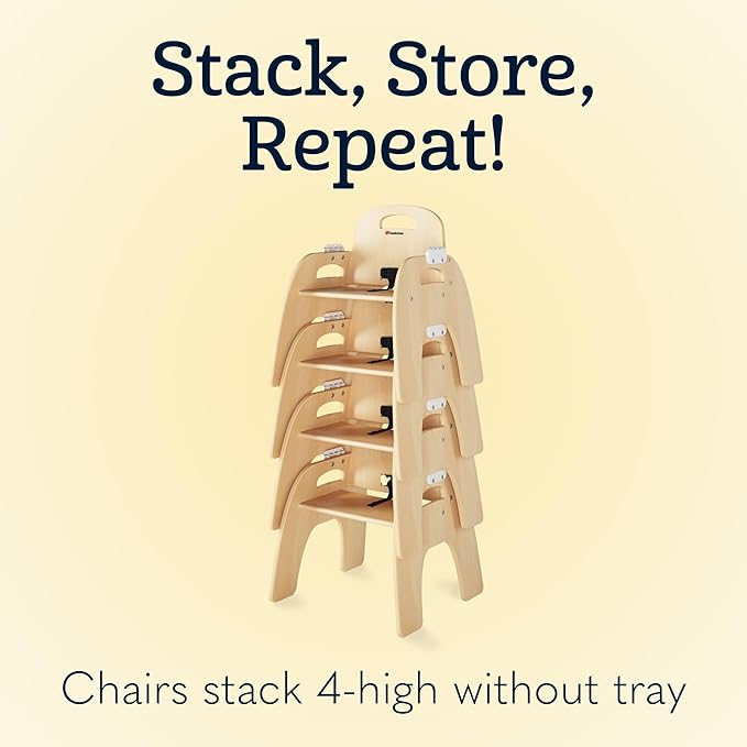 Foundations Easy Serve Low Wood Feeding Chairs Multipack, Adjustable Harness, Removable Dishwasher Safe Tray, No-Tip Base, Stackable Toddler Chairs, 2 Pack (9 inch)