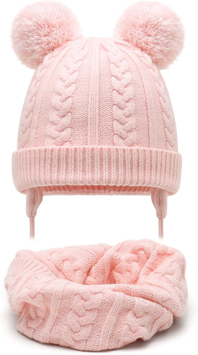 Duoyeree Toddler Winter Hat, Earflap Double Pom Pom Knit Beanie 0-36M by Duoyeree