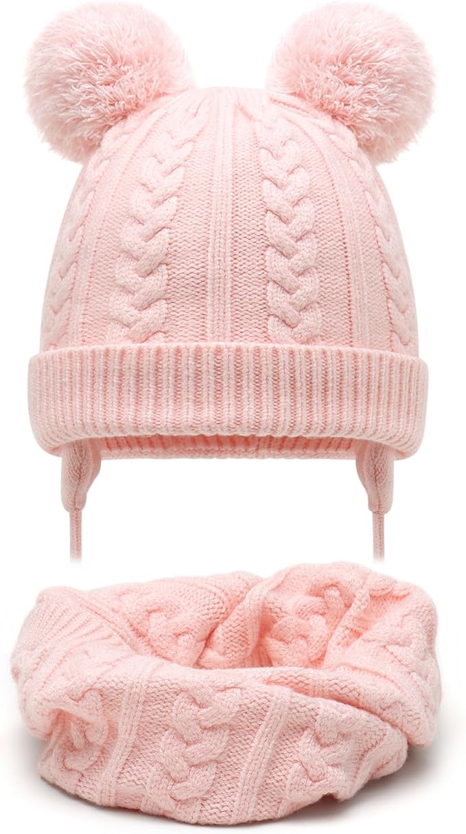 Duoyeree Toddler Winter Hat with Earflap Scarf Hood Thick Warm Kids Skull Cap for Baby Girls Boys