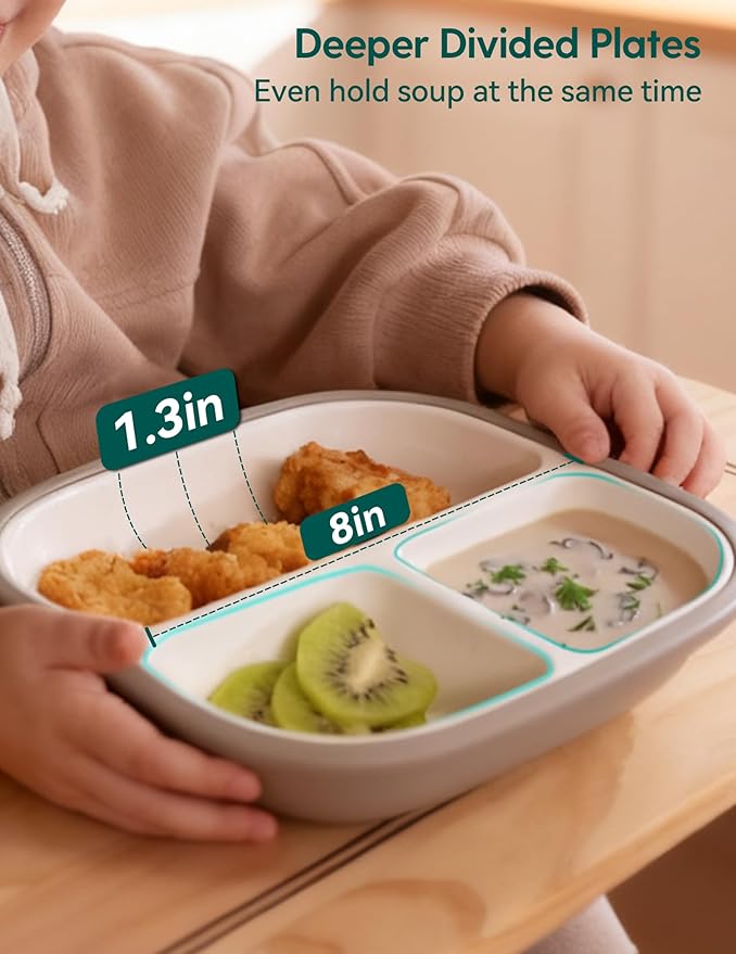 BABELIO 8'' Toddler Porcelain Plates with Silicone Suction Sleeves, Lead & BPA Free, Divided, Microwave & Dishwasher Safe, Stay Put, Suitable for Kids/Babies, Silver Gray