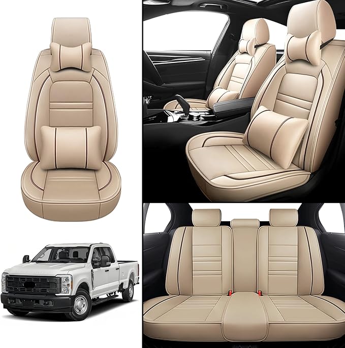 Car Seat Covers for Ford f250 2011-2025 | 5-Seats Seat Covers, Waterproof Seat Protectors, Automotive Seat Covers (Full Set with Pillow,Beige)