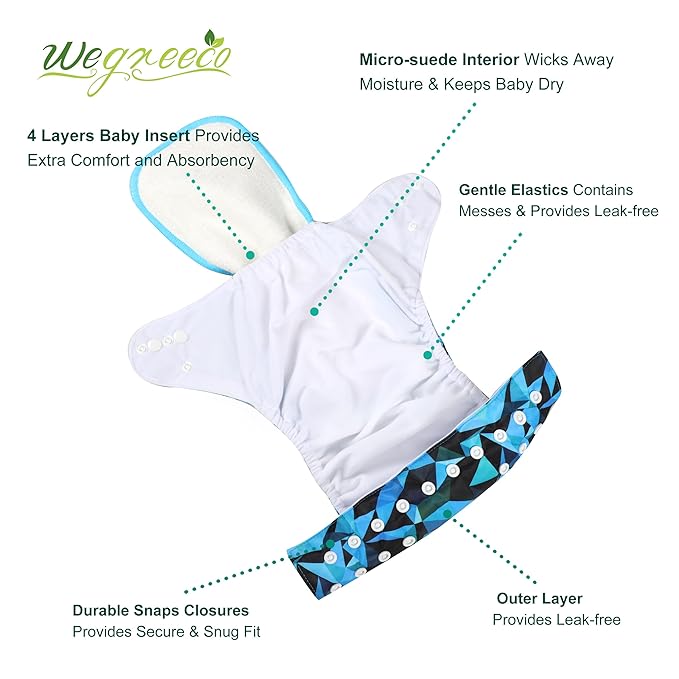 Wegreeco Cloth Diapers 6 Pack with Inserts & Wet Bag, Washable Reusable Diapers for Babies, One Size Adjustable (Abstract Geometrical)