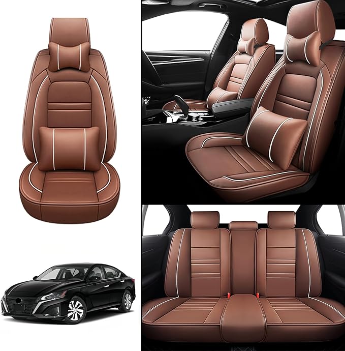 Car Seat Covers for Nissan Car Altima 1998-2025 | 5-Seats Seat Covers, Waterproof Seat Protectors, Automotive Seat Covers (Full Set with Pillow,Coffee)
