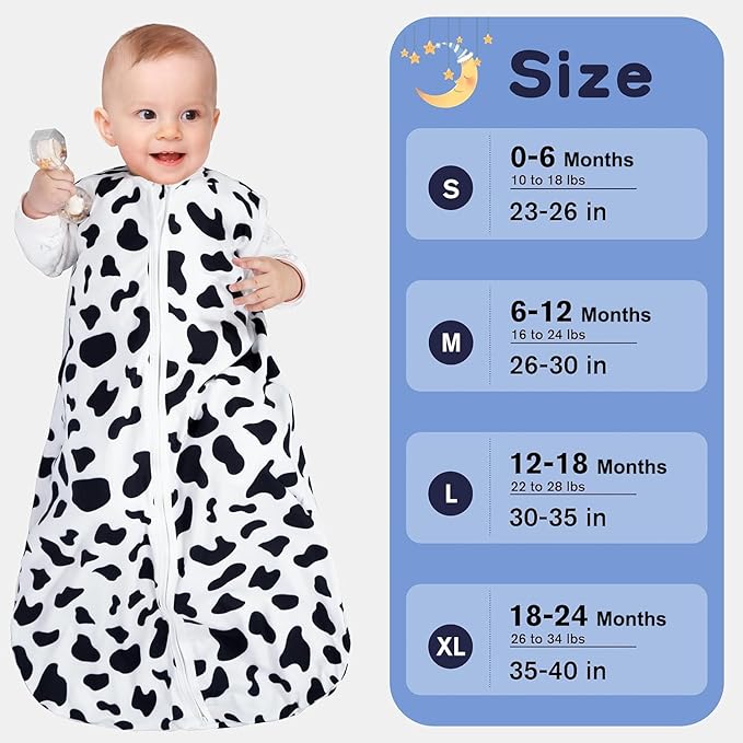Baby Sleep Sack 6-12 Months Baby Wearable Blanket 100% Rayon Cotton 2-Way Zipper Toddler Sleeping Sack，Comfy Soft Lightweight TOG 0.3（Cow Print）