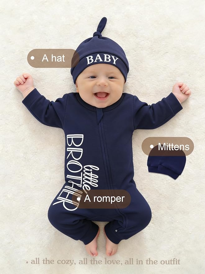 Babymine 100% Cotton 2-Way Zipper Little Brother Newborn Outfit 0-3 Months | - Image 2