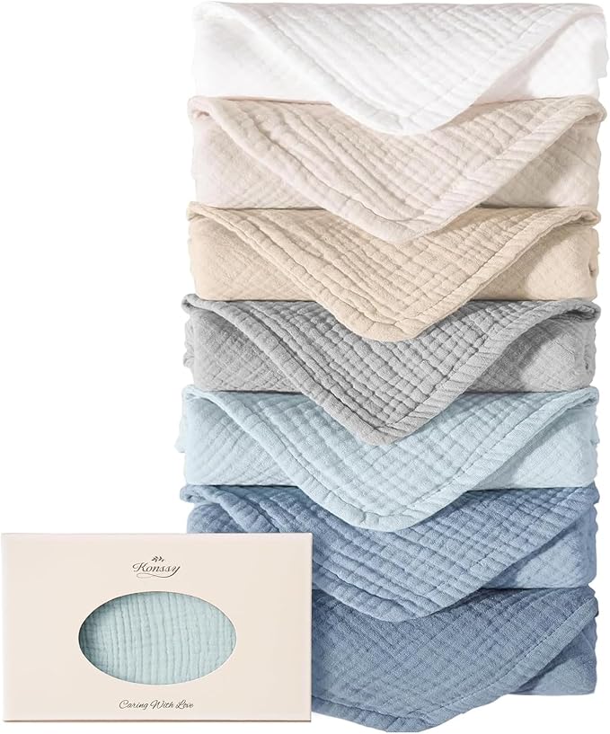 Konssy 7-Pack Muslin Baby Burp Cloths, 6-Layer 100% Cotton | Soft & Absorbent by Konssy