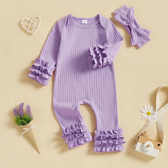 Newborn Baby Girl Clothes Jumpsuit Ruffle Romper Bodysuit Pants Headband - Image 3