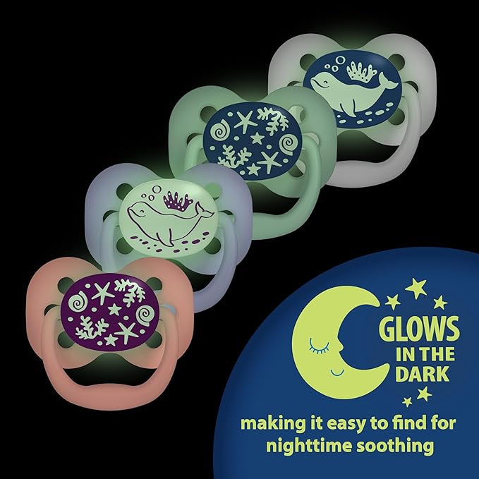Dr. Brown's Advantage Glow-in-the-Dark Baby Pacifier, Fully Symmetrical Soother with Soft Silicone Bulb, Coral Ocean, 0-6m, BPA Free, 2 Pack