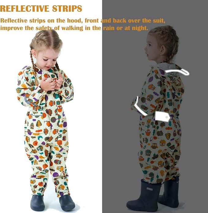 Fewlby Kids Toddler Rain Suit for Boys Girls One Piece Hoodie Zipper Cartoon - Image 6