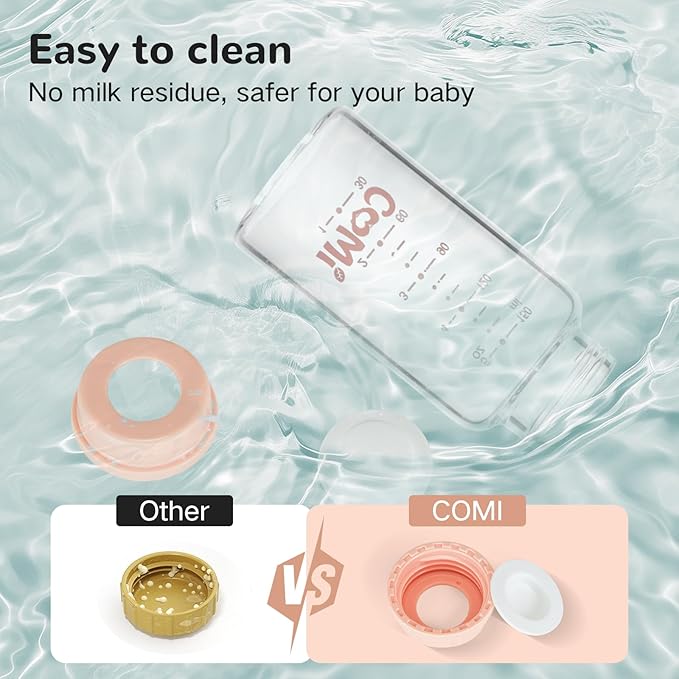 COMI Natural Glass Baby Bottle,Standard Neck Breastmilk Storage Bottle for Fridge,Breast Milk Container,Breast Pump Bottle Compatible with Medela Breast Pump,BPA Free,6PCS (5oz,6 Pink Lids)