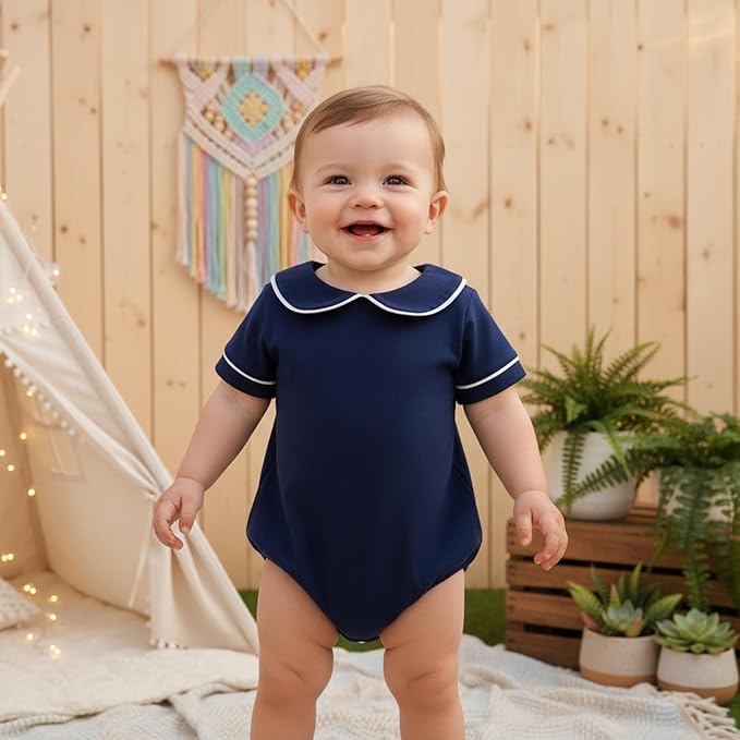Baby Boy Girl Bubble Romper Short Sleeve Collar Summer Bodysuit - Image 2