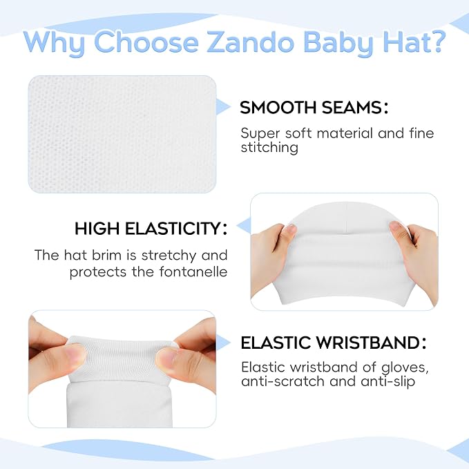 Zando Anti-Scratch Baby Hats Mittens Warm Newborn Infant Boys Girls 0-6M | - Image 3