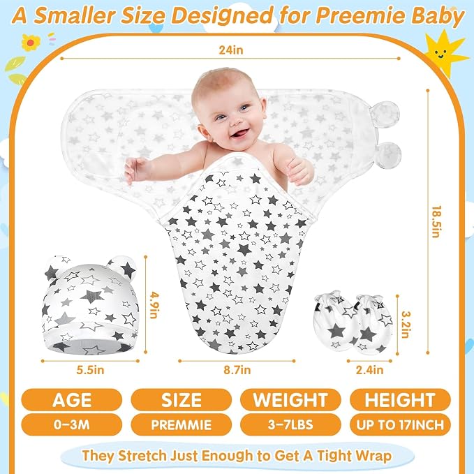3 Pack Preemie Swaddle with Hat & Mittens Set, Adjustable Cotton Swaddle - Image 4