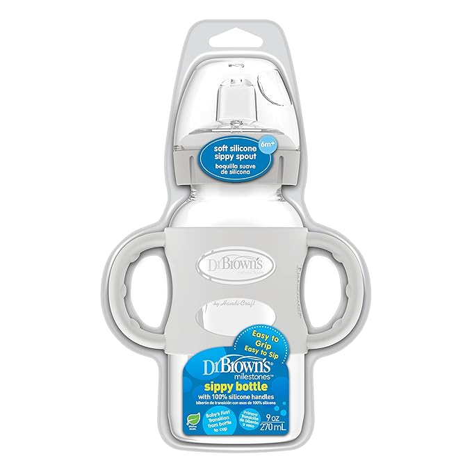 Dr. Brown's Milestones Wide-Neck Sippy Spout Bottle with 100% Silicone Handles, Easy-Grip Handles with Soft Sippy Spout, 9oz/270mL, Gray, 1-Pack, 6m+