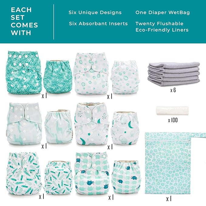 Simple Being Reusable Cloth Diapers, Double Gusset, One Size Adjustable, Washable Soft Absorbent, Waterproof Cover, Eco-Friendly Unisex Baby Girl Boy, six 4-Layers Microfiber Inserts (Monkey)