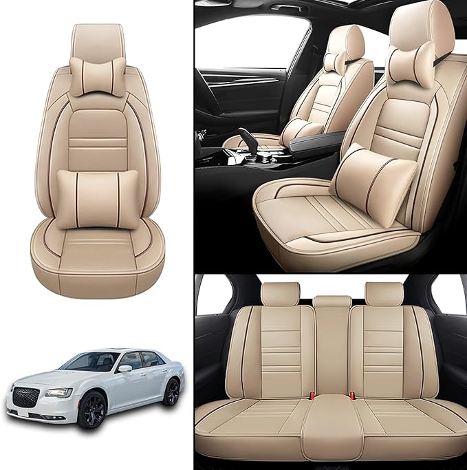Car Seat Covers for Chrysler Car 300 2005-2023 | 5-Seats Seat Covers, Waterproof Seat Protectors, Automotive Seat Covers (Full Set with Pillow,Beige)