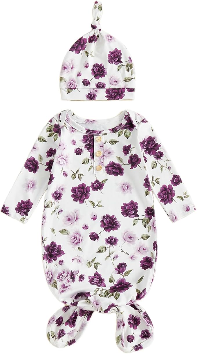 Newborn Baby Girl Floral Sleep Gown Headband Sleepwear Outfit by Merqwadd