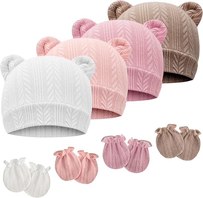 Newborn Baby Hat and Mittens Set Bear Ears Toddler Infant Beanie Caps Newborn by AQOKKA