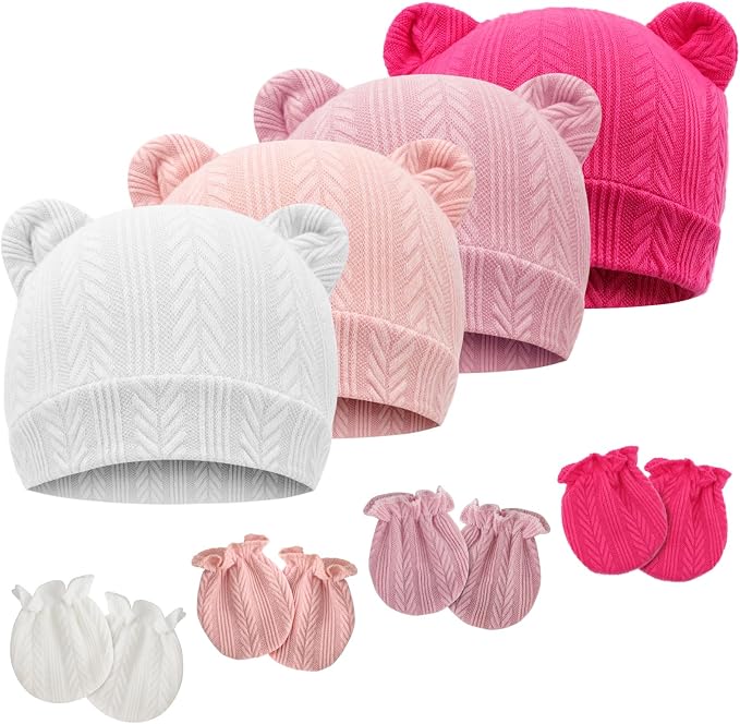 Newborn Baby Hat and Mittens Set Bear Ears Toddler Infant Beanie Caps Newborn by AQOKKA