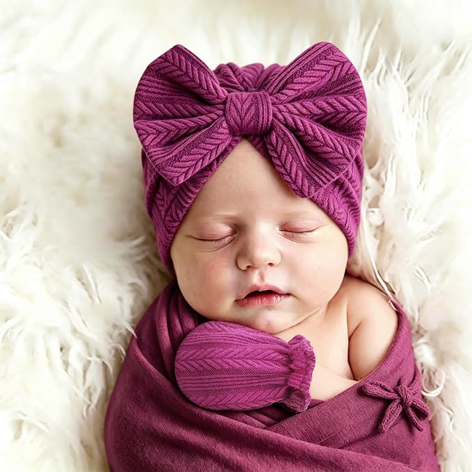 BQUBO Baby Turban Hats and Mittens Set Newborn Infant Hospital Hats Caps - Image 3