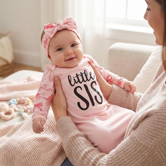 AMAWMW Newborn Baby Girl Little Sister Sleeper Gown Stripe Long Sleeve - Image 3
