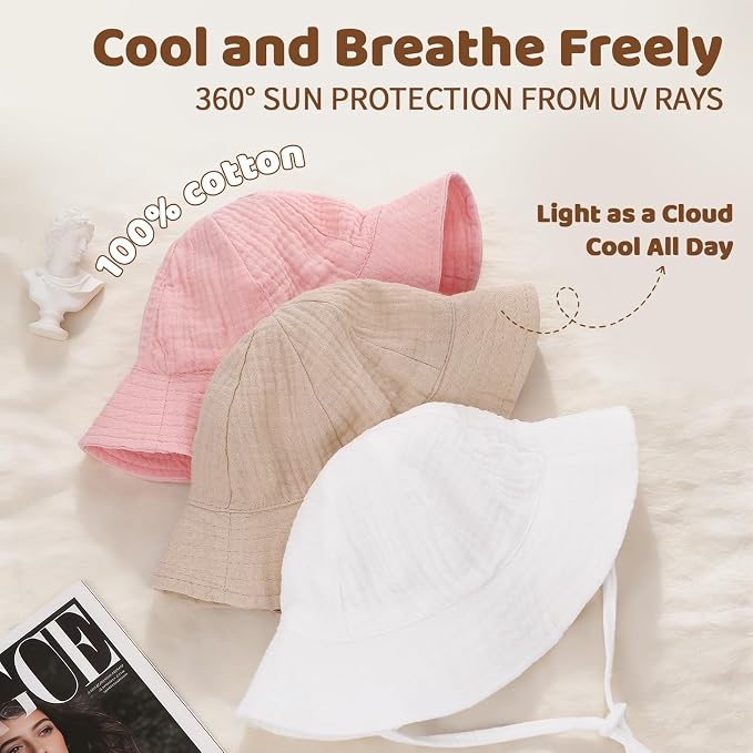 3 Pcs Baby Sun Hat Muslin, Baby Bucket Hat | UPF 50+ Sun Protection, Adjustable - Image 3