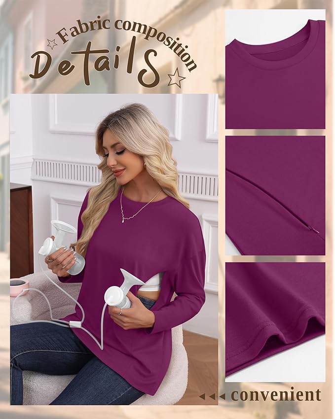 3 Pack Women's Nursing Breastfeeding Tops, Long Sleeve Maternity Shirts Oversize Hidden Zipper Pregnancy Clothes