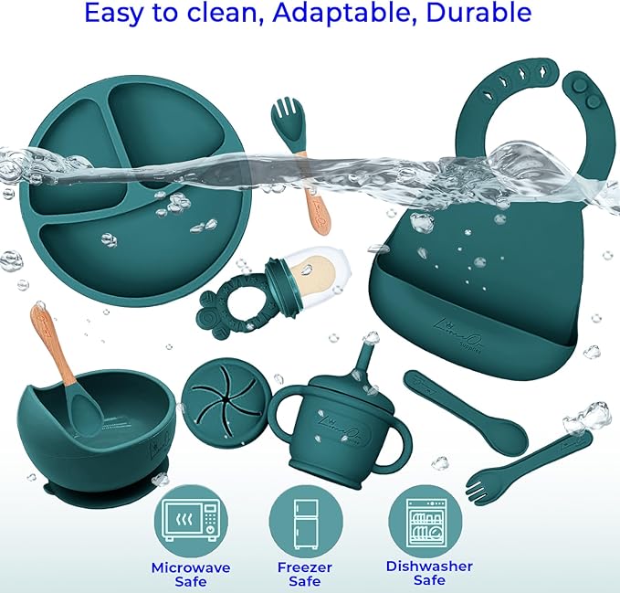 Silicone Baby Feeding Set – 10 Pcs Baby Led Weaning Supplies & Self Feeding Kit | Toddler Plates and Bowls Set, Bib, Fruit Feeder, Cup, Spoons & Forks – Empower Independence with LimeOr -Green Spruce