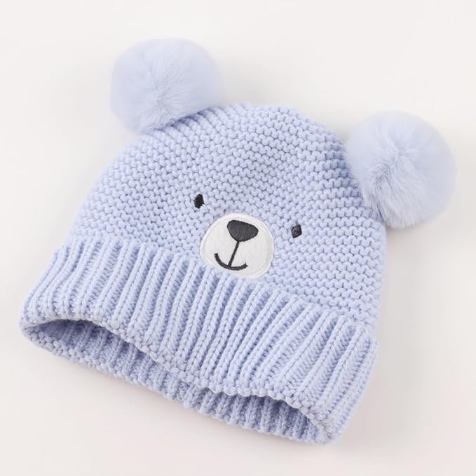 JANGANNSA Cute Bear Baby Beanie Pompom Baby Boys Hat Infant Toddler Winter Knitted Beanies for Girls