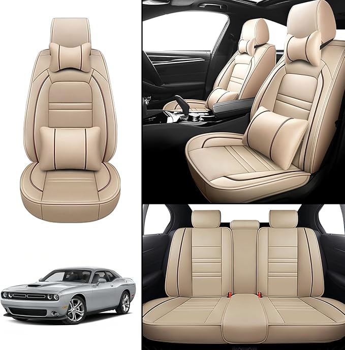 Car Seat Covers for Dodge Challenger 2008-2023 | 5-Seats Seat Covers, Waterproof Seat Protectors, Automotive Seat Covers (Full Set with Pillow,Beige)