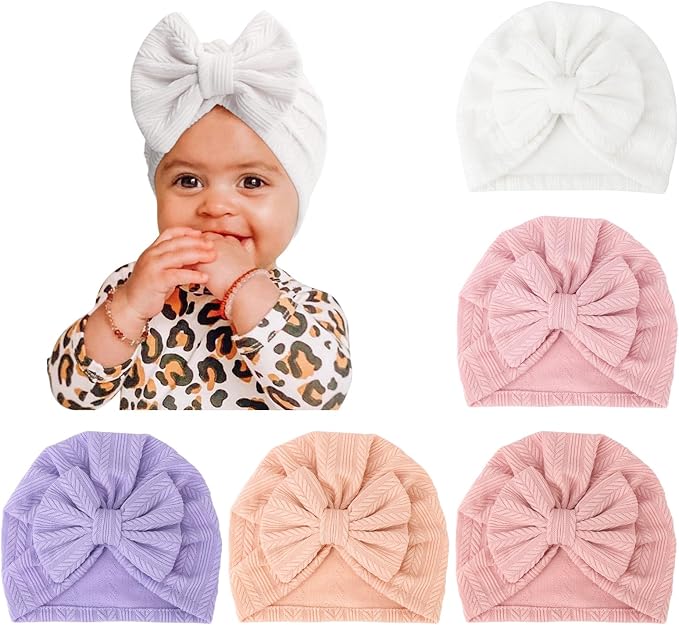 DRESHOW BQUBO 5 Pieces Newborn Baby Turban Hats Bow Baby Infant Beanie - Image 9