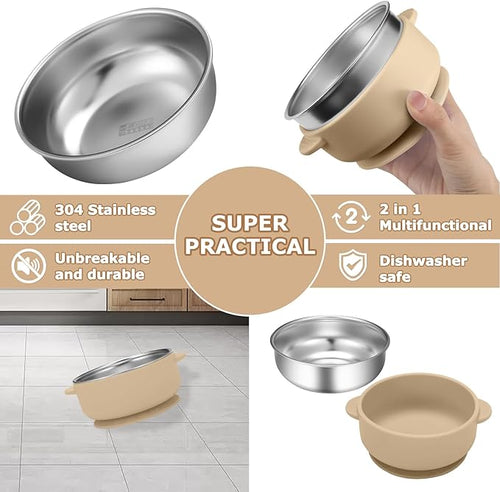 2 Pack Stainless Steel Baby Bowls with Removable Non-Slip Silicone Suction Shell and Lids, Anti Scald Food Container for Baby Food Feeding-Gray & Cream