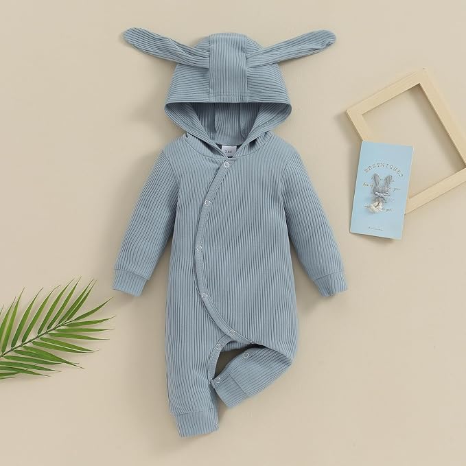 Newborn Baby Boy Girl Romper Easter Outfits Bunny Ear Hoodie Button Onesie - Image 2