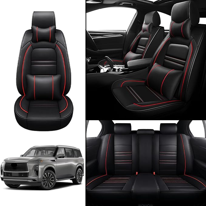 Car Seat Covers for Infiniti qx80 2014-2025 | 5-Seats Seat Covers, Waterproof Seat Protectors, Automotive Seat Covers (Full Set with Pillow,Black&Red Line)