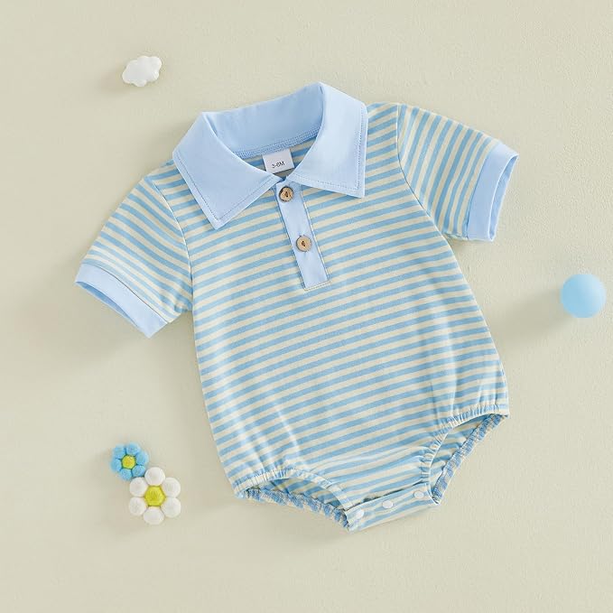 VISGOGO Baby Boy Striped Romper Waffle Short Sleeve Button Oversized Bodysuit - Image 4