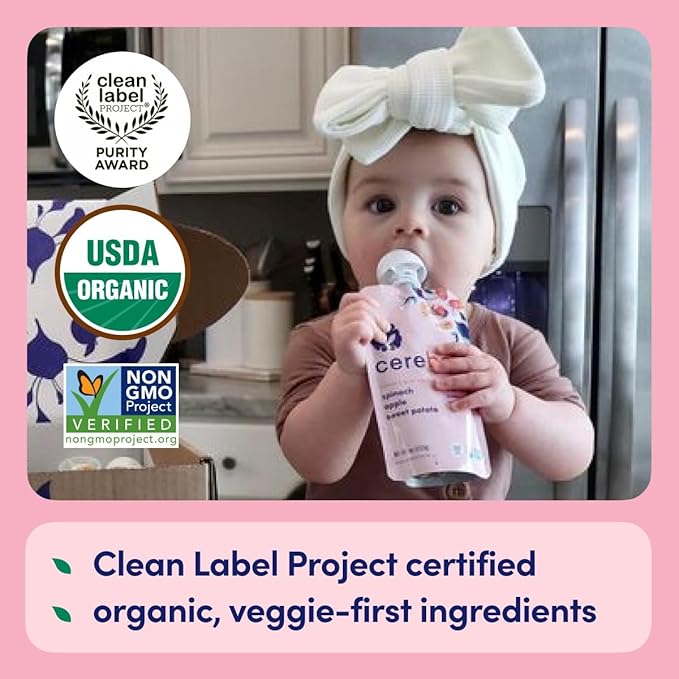 Cerebelly Organic Baby Food Pouches, Spinach Apple Sweet Potato Purees, 16 Nutrients, No Added Sugar, Fiber & Non-GMO, 4oz, 12 Pack