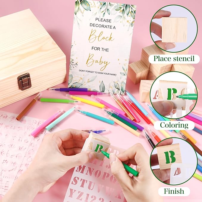 Draupnir 92 Pcs Fun Baby Shower Games Sign Kit Babies Coloring Blocks for Baby Shower, Wooden DIY Blank Blocks Freehand Painting with 36 Paint Markers