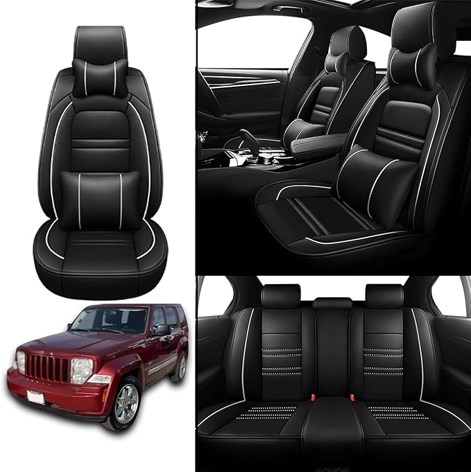 Car Seat Covers for JP Liberty 2002-2012 | 5-Seats Seat Covers, Waterproof Seat Protectors, Automotive Seat Covers (Full Set with Pillow,Black&White Line)