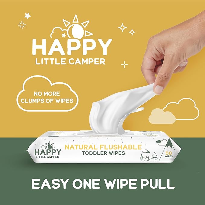 Happy Little Camper Ultra-Absorbent Natural Baby Diapers Size 1 - Hypoallergenic, Unscented & Chlorine-Free Disposable Diapers (200 Count) Come with Flushable Wipes (200 Count) for Sensitive Skin