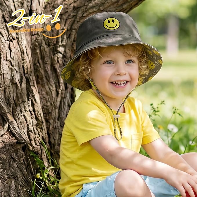 Toddler Hat Reversible Bucket Hat Happy Face Sun Hat Adjustable Chin Strap - Image 5